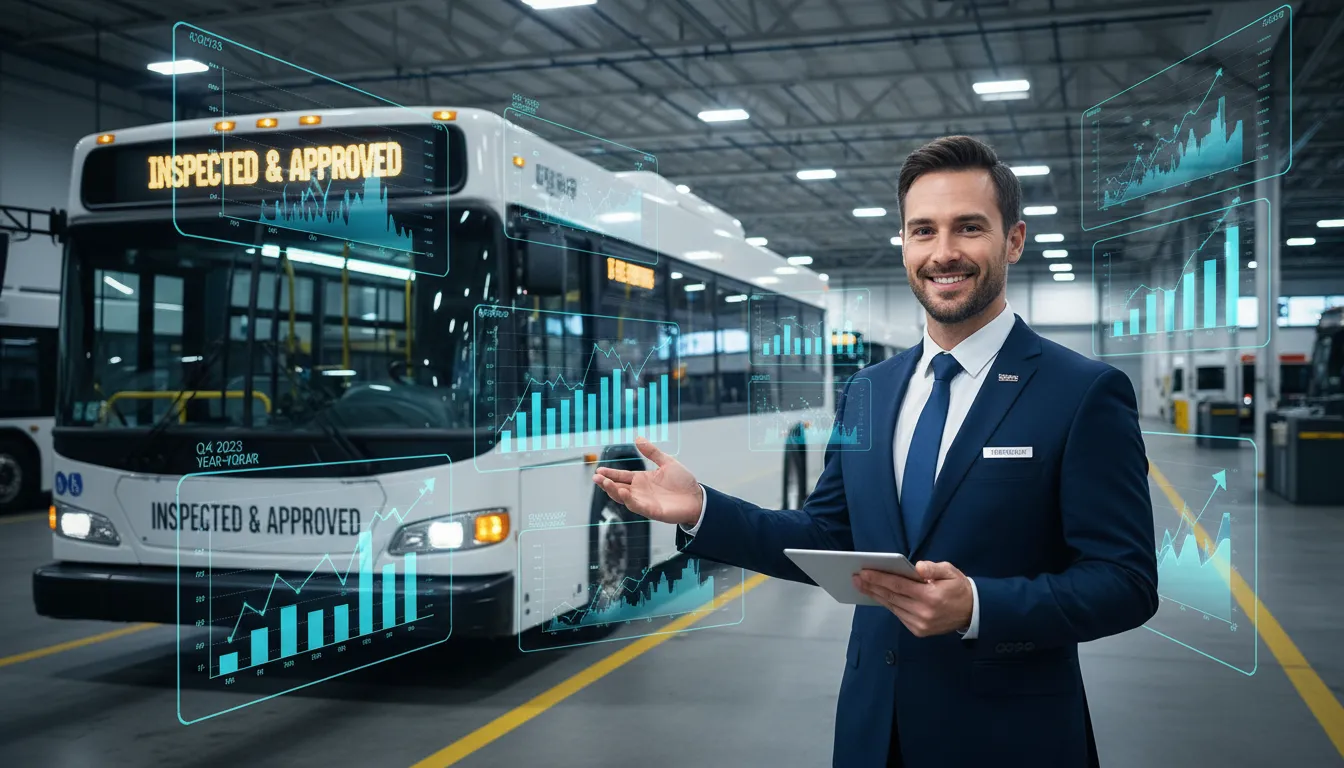 Motorista satisfeito próximo a ônibus vistoriado, mostrando sucesso e gerenciamento financeiro eficiente.