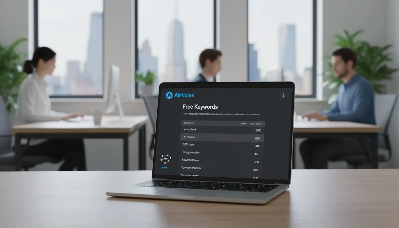 Close-up of a laptop displaying a free keyword generator tool in a Manhattan office setting, showing relevant keywords and search volumes.