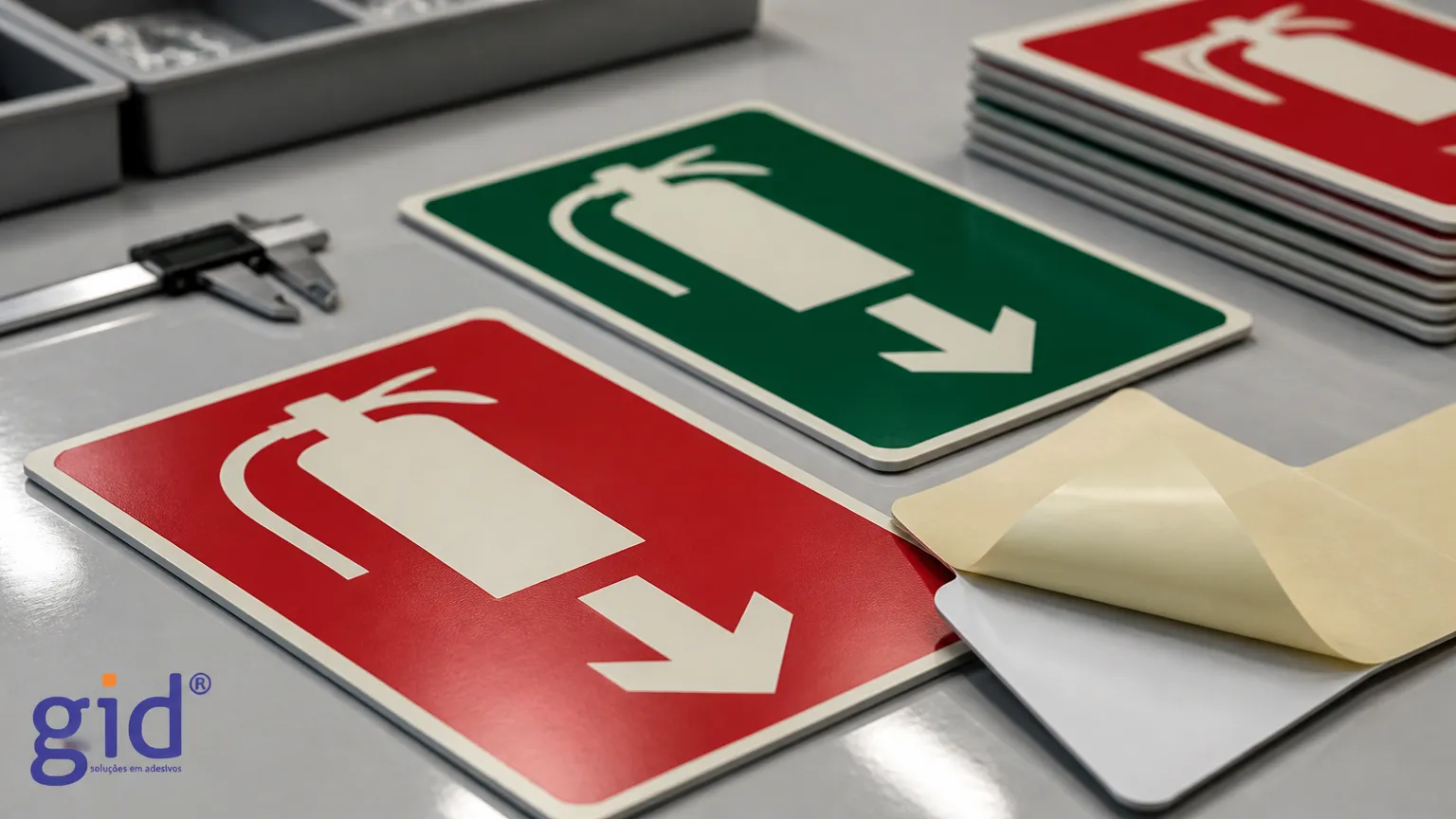 Detalhe de placa de extintor adesiva em material resistente para sinalização de emergência.