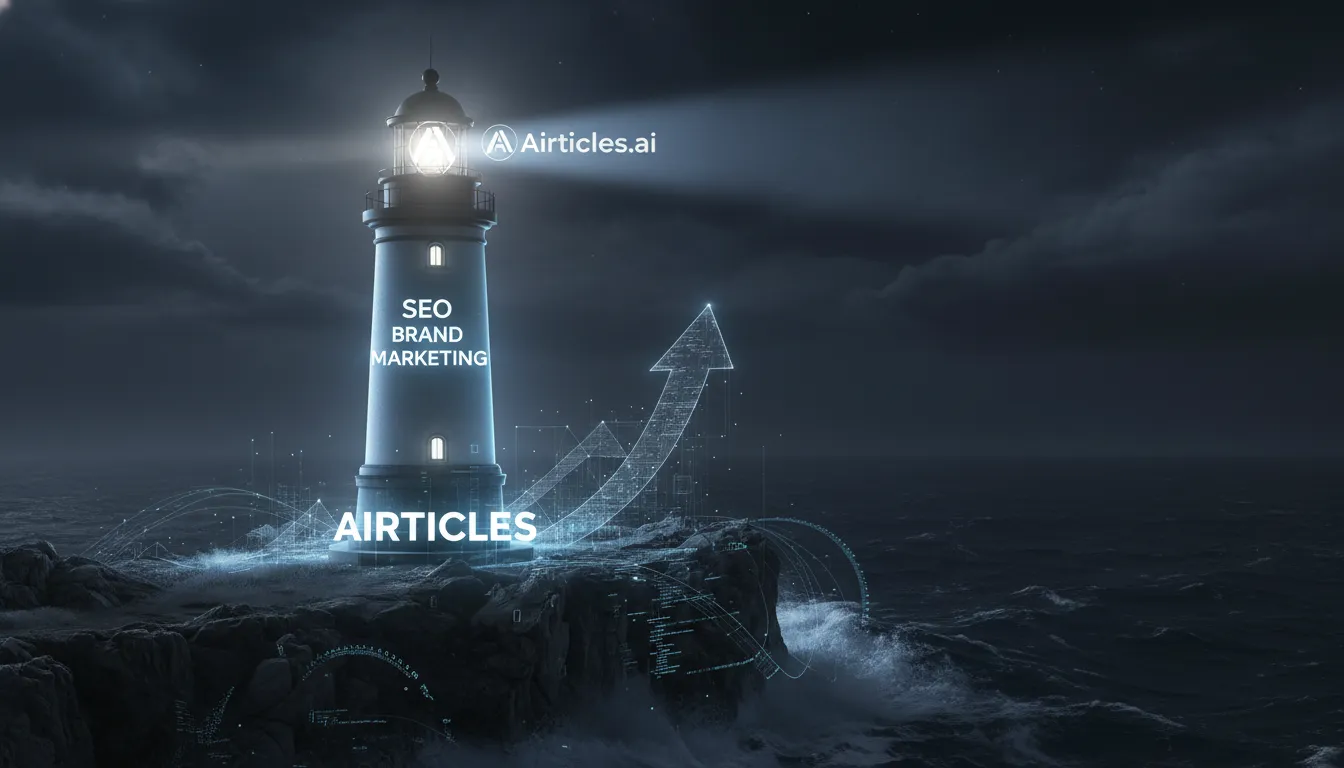 Representação de um farol brilhante, simbolizando o aumento da visibilidade da marca através de estratégias eficazes de SEO Brand Marketing, com a Airticles.ai no controle.