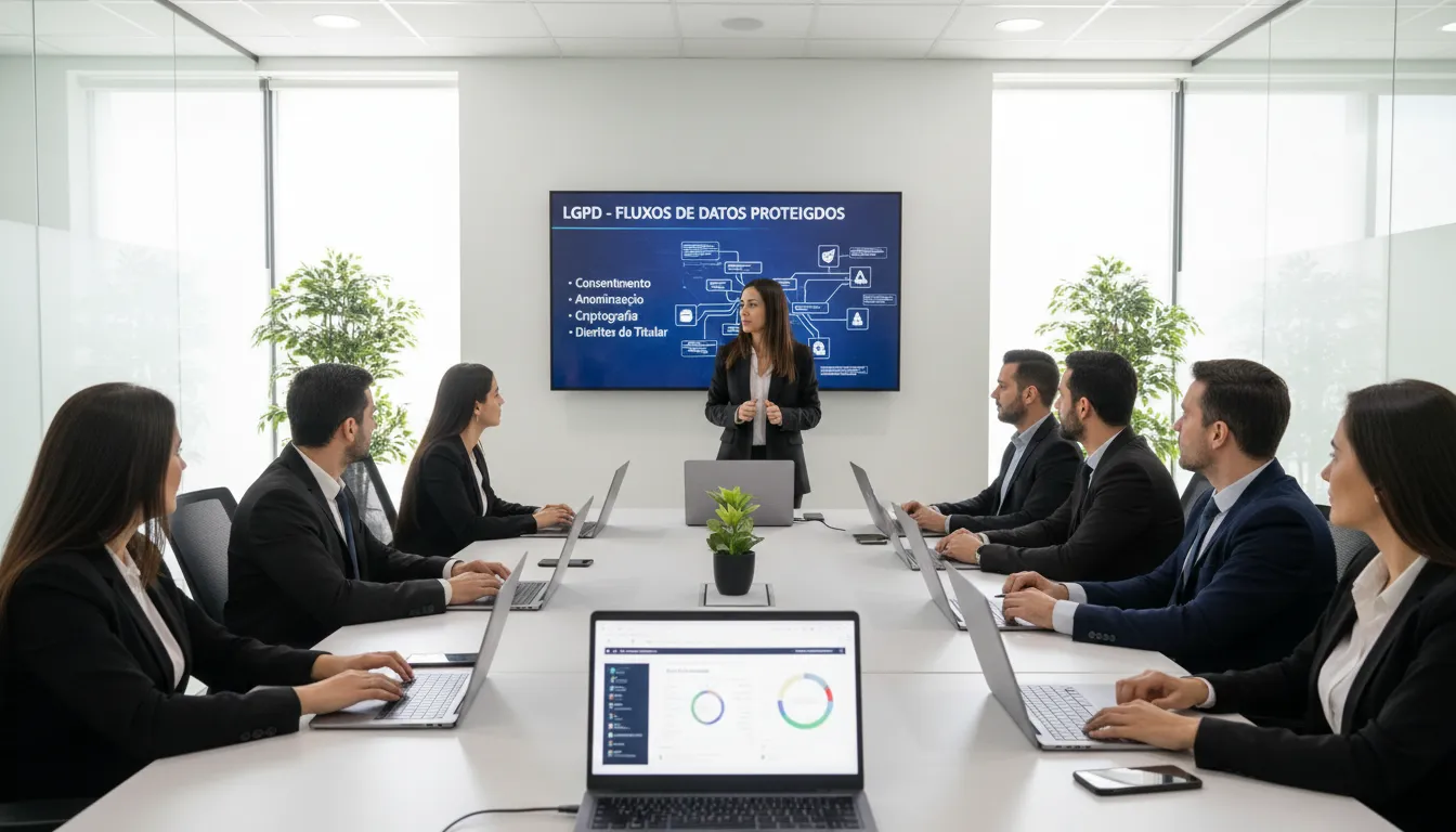 Equipe de TI em treinamento sobre LGPD, painel mostra fluxos de dados protegidos.