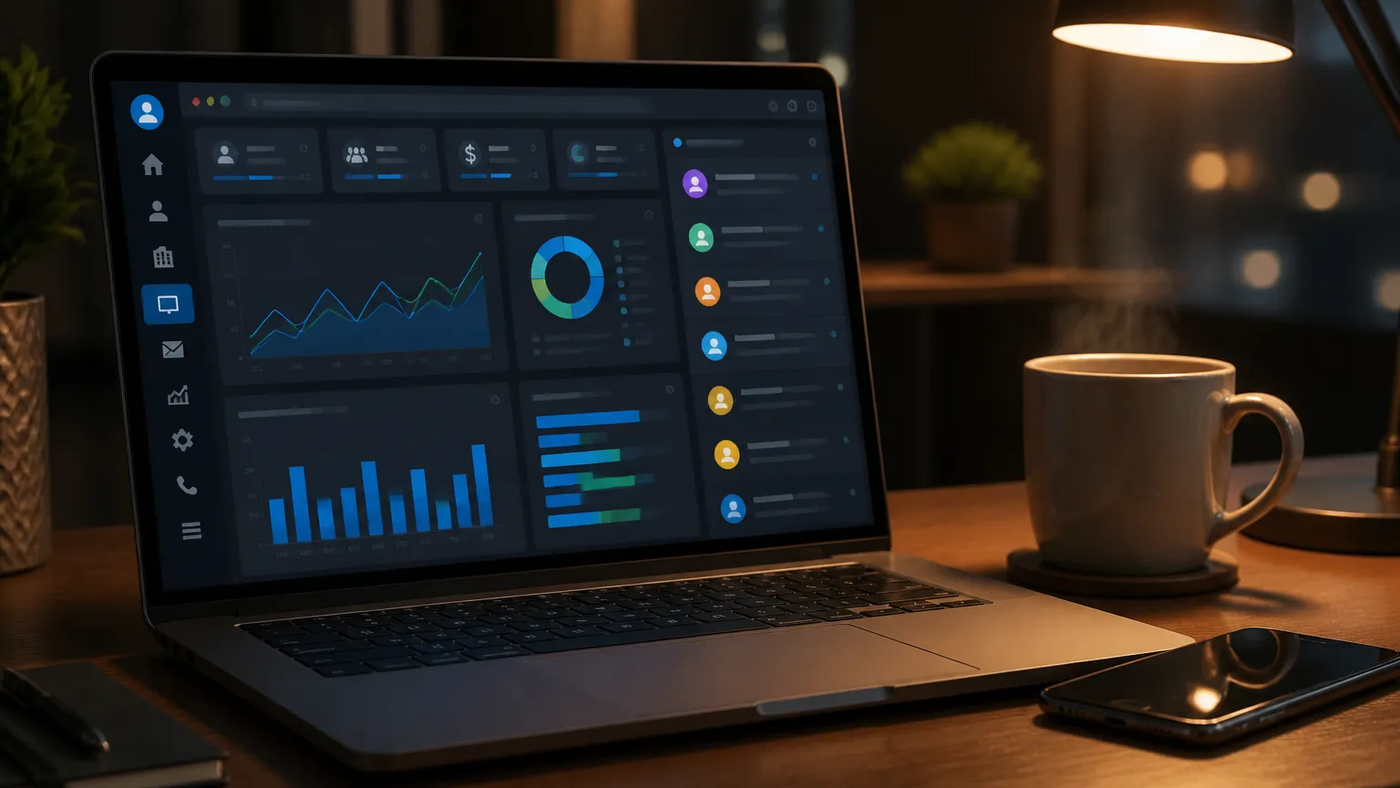 Painel de automação centralizado exibindo métricas de atendimento e gráficos em tempo real.