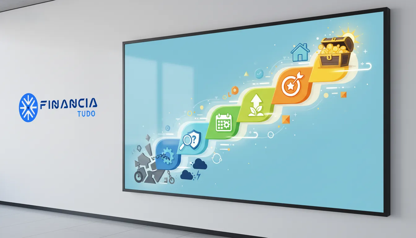 Infográfico mostrando o caminho da dificuldade financeira à estabilidade com crédito rápido e planejado pela Financia Tudo.