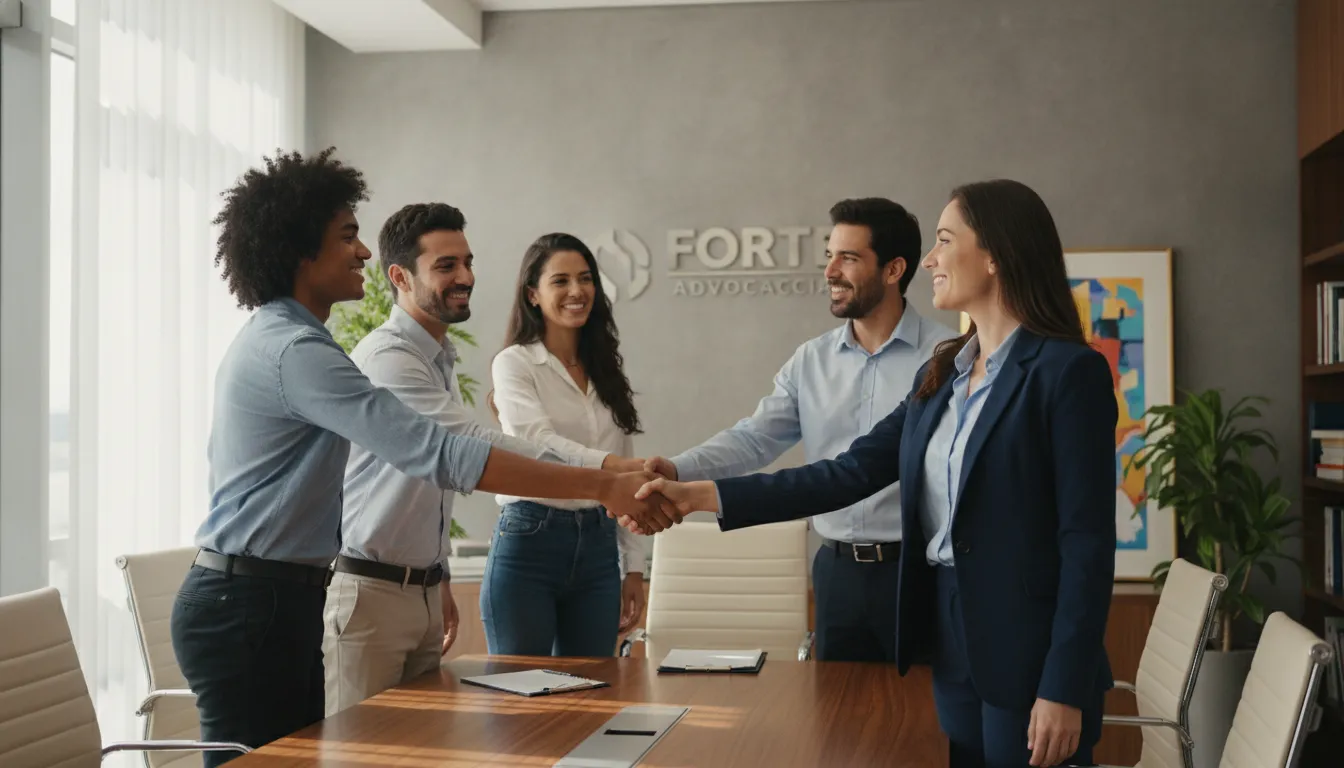 Cliente satisfeito apertando a mão de um advogado. Receba suas férias vencidas em dobro com Forte Advocacia.