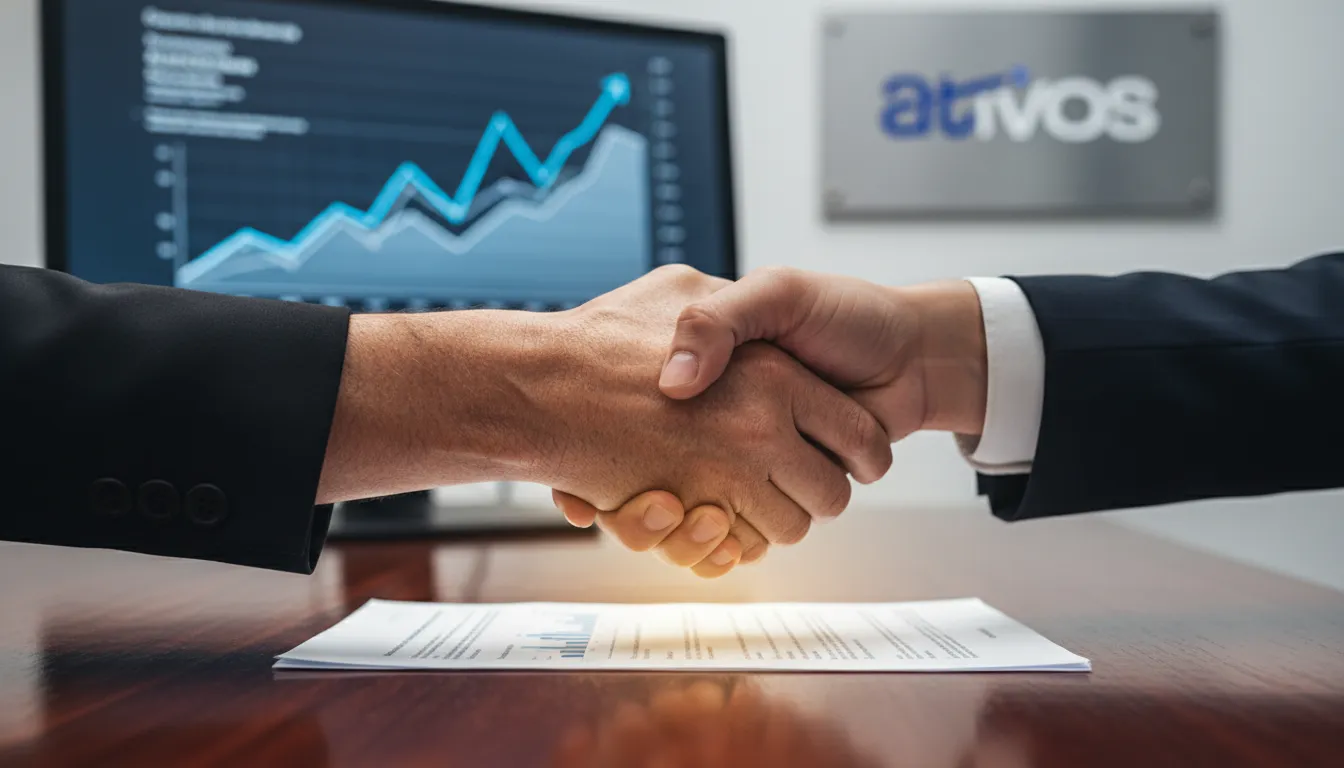 Mãos apertando em acordo financeiro sobre documento, simbolizando segurança. Qual a melhor empresa para vender precatório.