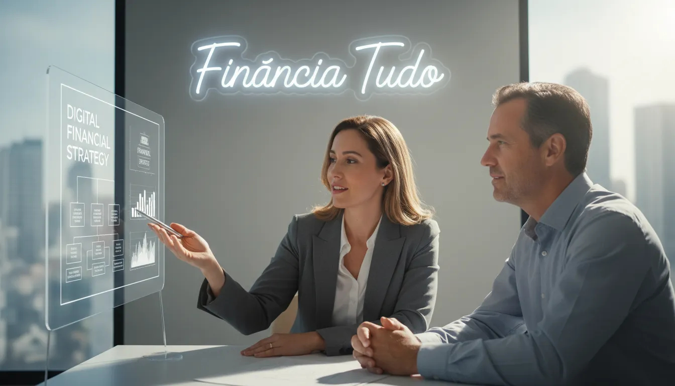 Consultor financeiro explicando estratégias para afiliados de crédito a um cliente, destacando a expertise da Financia Tudo em soluções financeiras personalizadas.