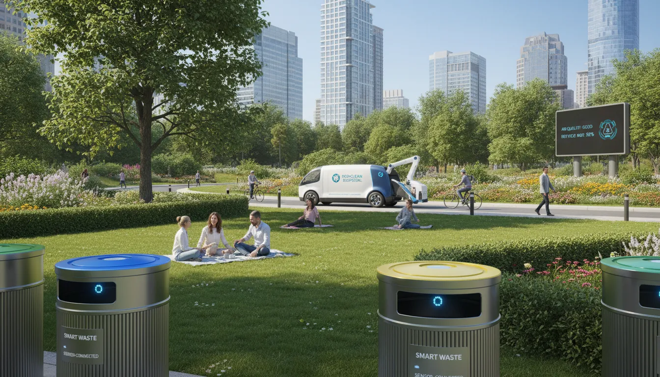 Parque urbano limpo com lixeiras inteligentes, caminhão de coleta e ambiente saudável, indicando impacto positivo da gestão inteligente.