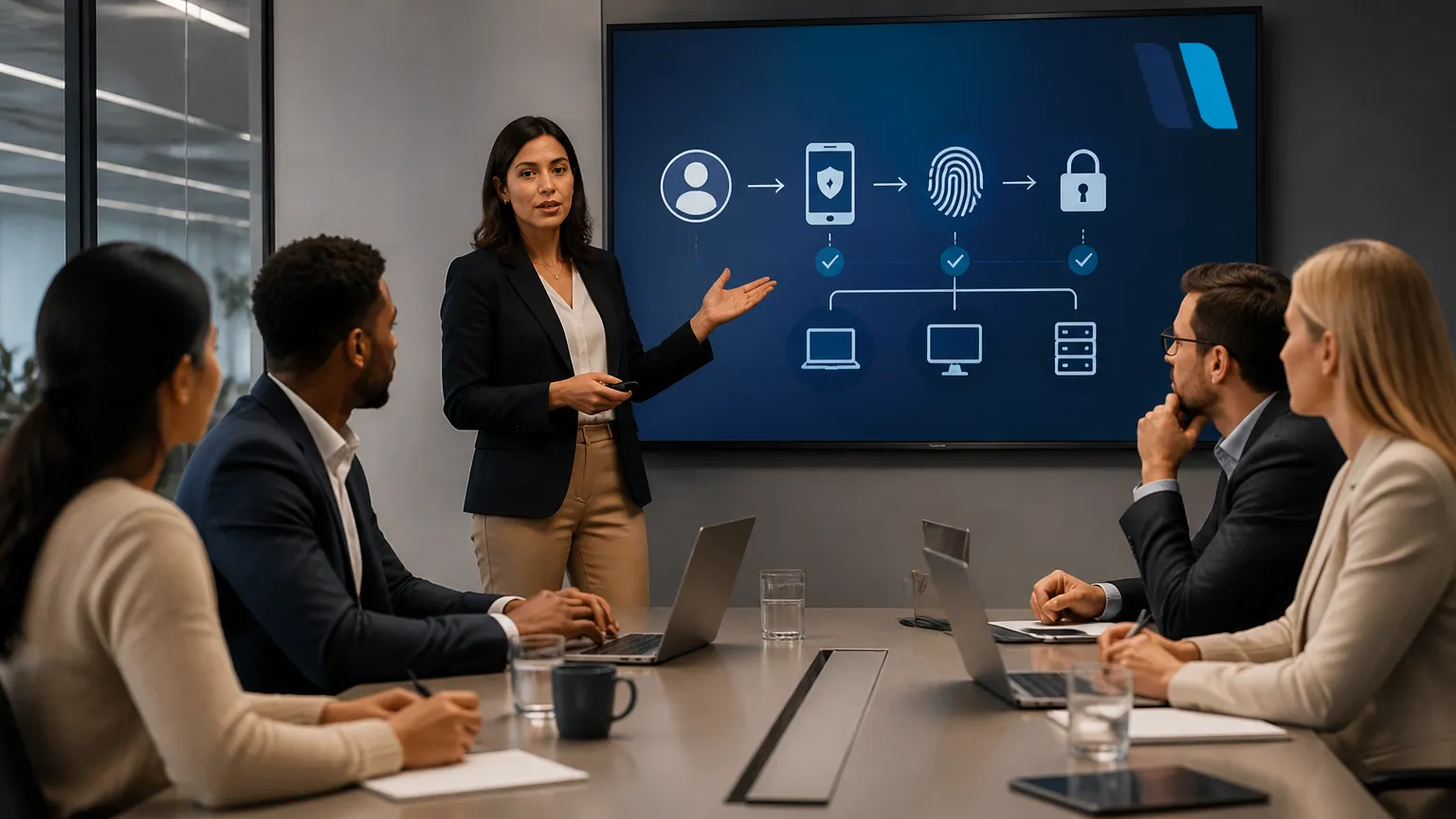 Equipe em treinamento corporativo aprendendo diretrizes de uma política de senhas eficiente.