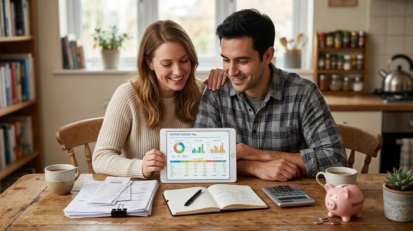 Casal definindo metas e planejamento financeiro mensal juntos em casa.