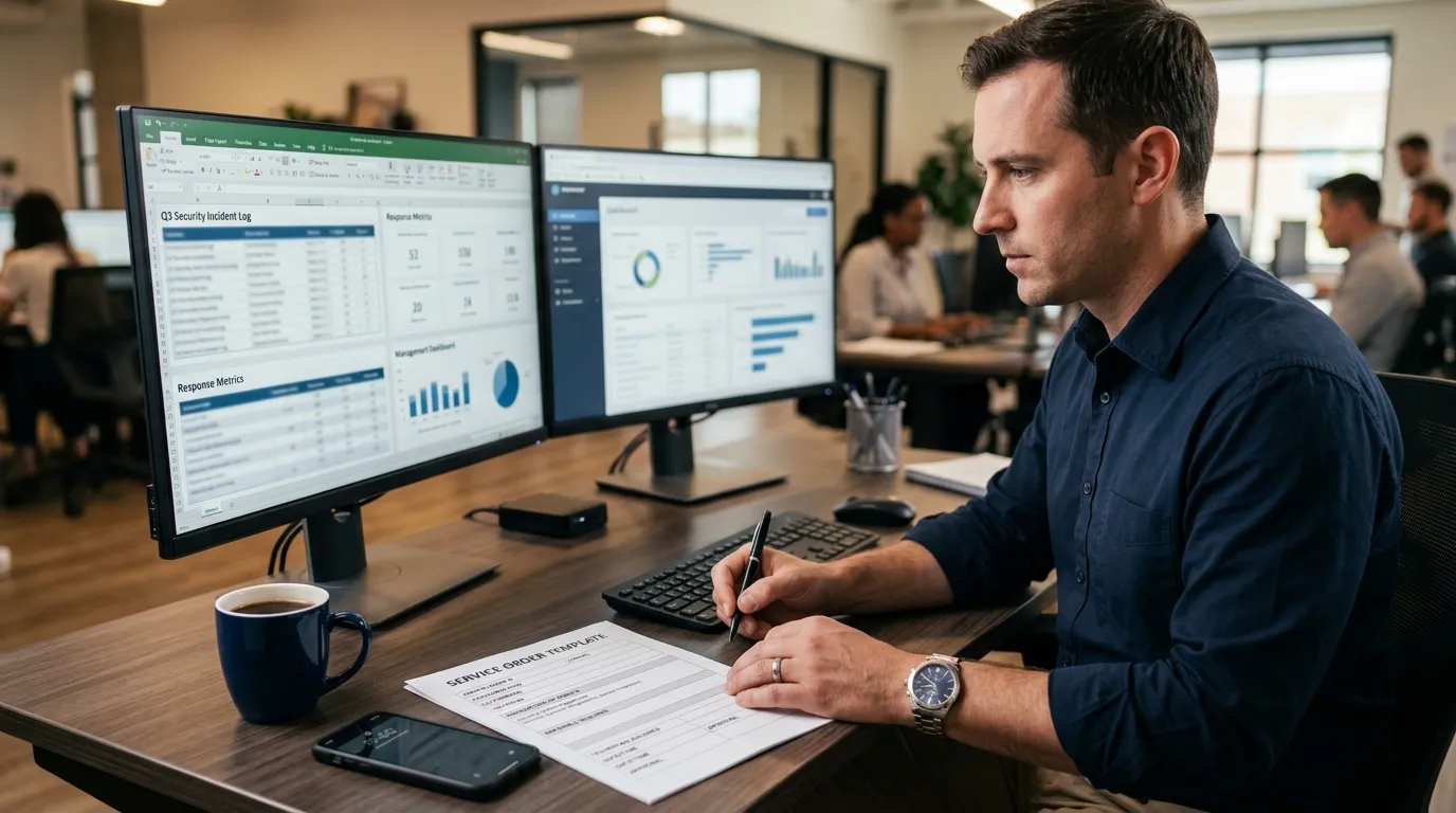 Gestor analisando modelo de ordem de serviço para empresas de monitoramento