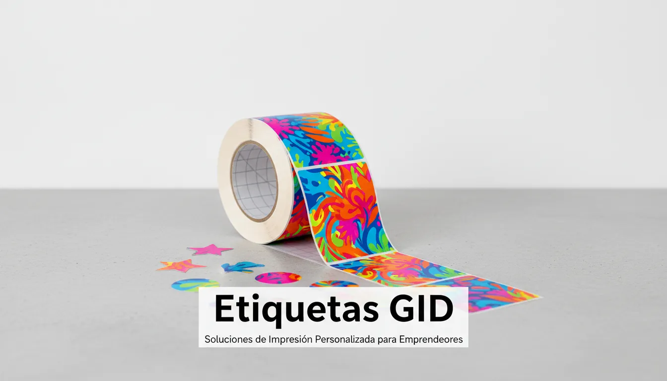 Rollo de etiquetas para emprendedores personalizadas en un estudio minimalista, mostrando la calidad y las opciones de personalización que GID ofrece.