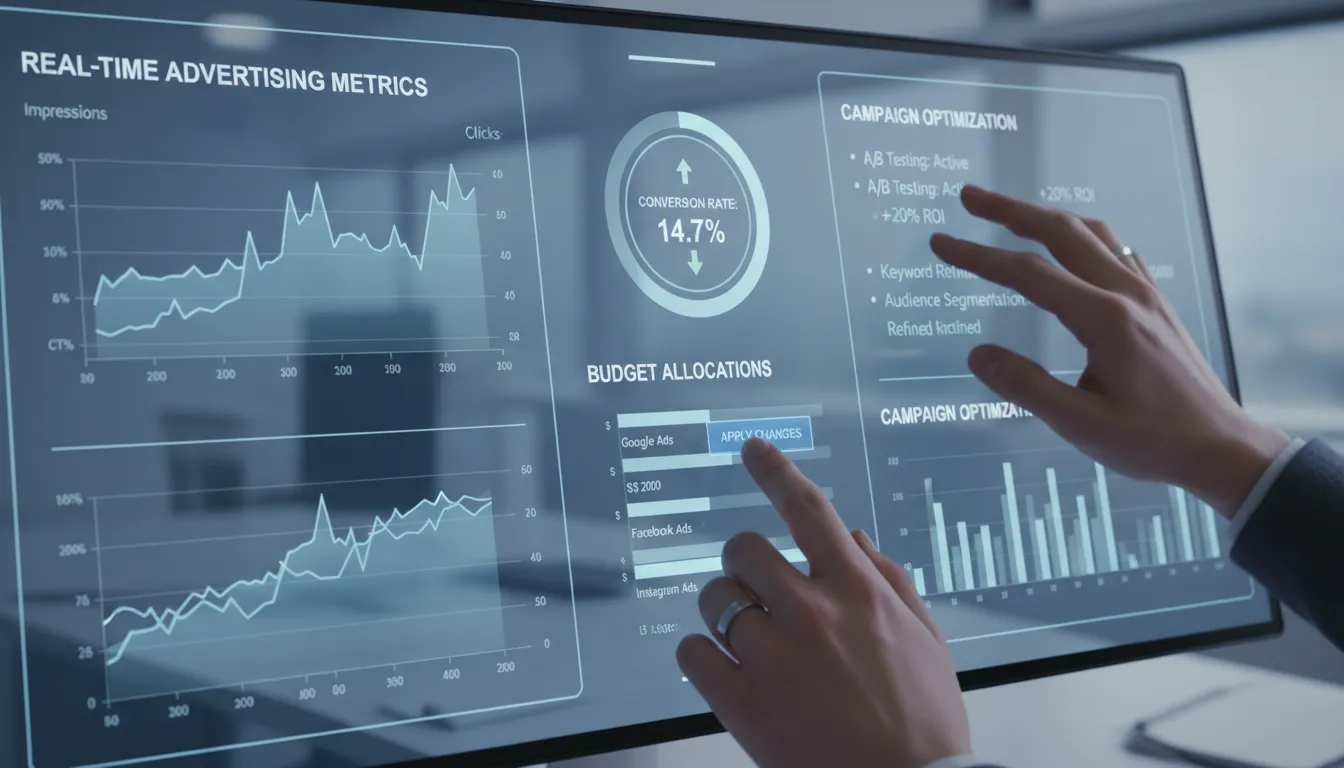 Mãos ajustando painel digital com métricas de anúncios em tempo real e taxas de conversão