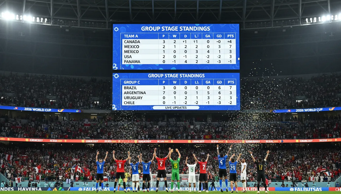 Tela de estádio exibindo a classificação grupo copa 2026 atualizada, com estatísticas de pontos, gols e saldo de gols.