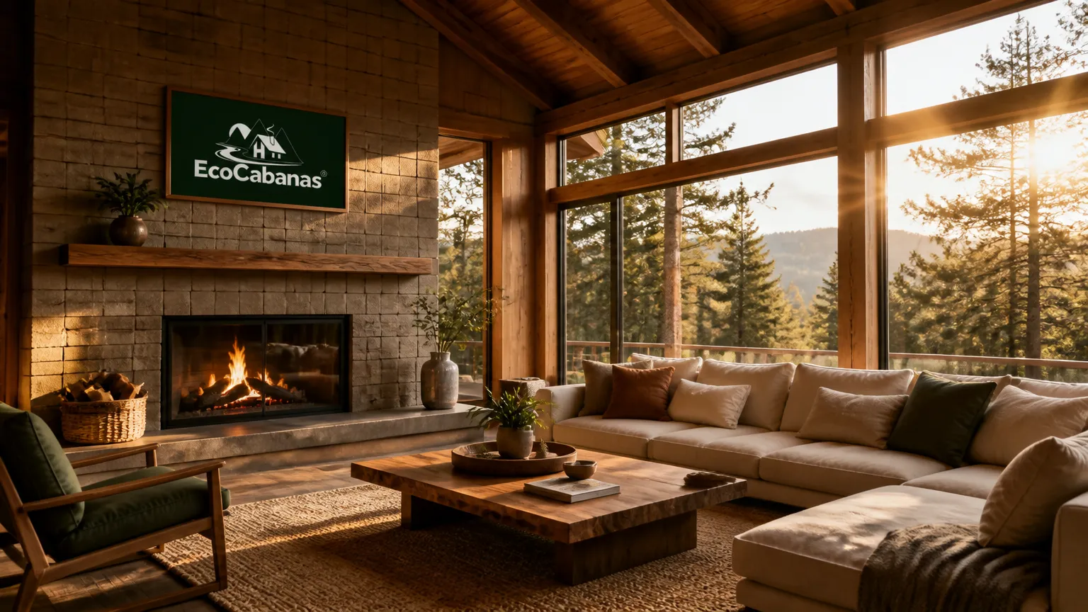 Interior acolhedor de casa de campo tijolo ecologico combinada com vigas de madeira.