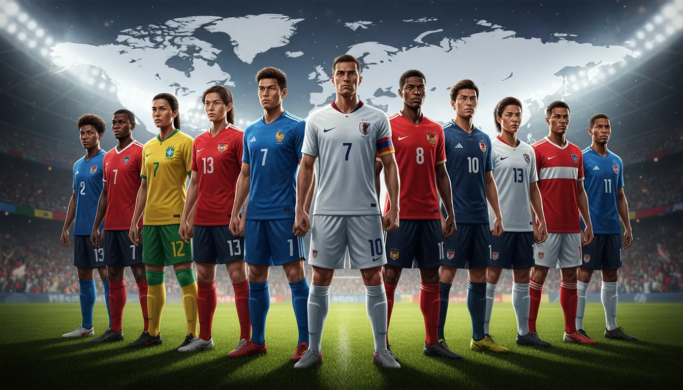 Jogadores de diversas seleções unidos, representando a disputa pelo título de artilheiro copa do mundo 2026.