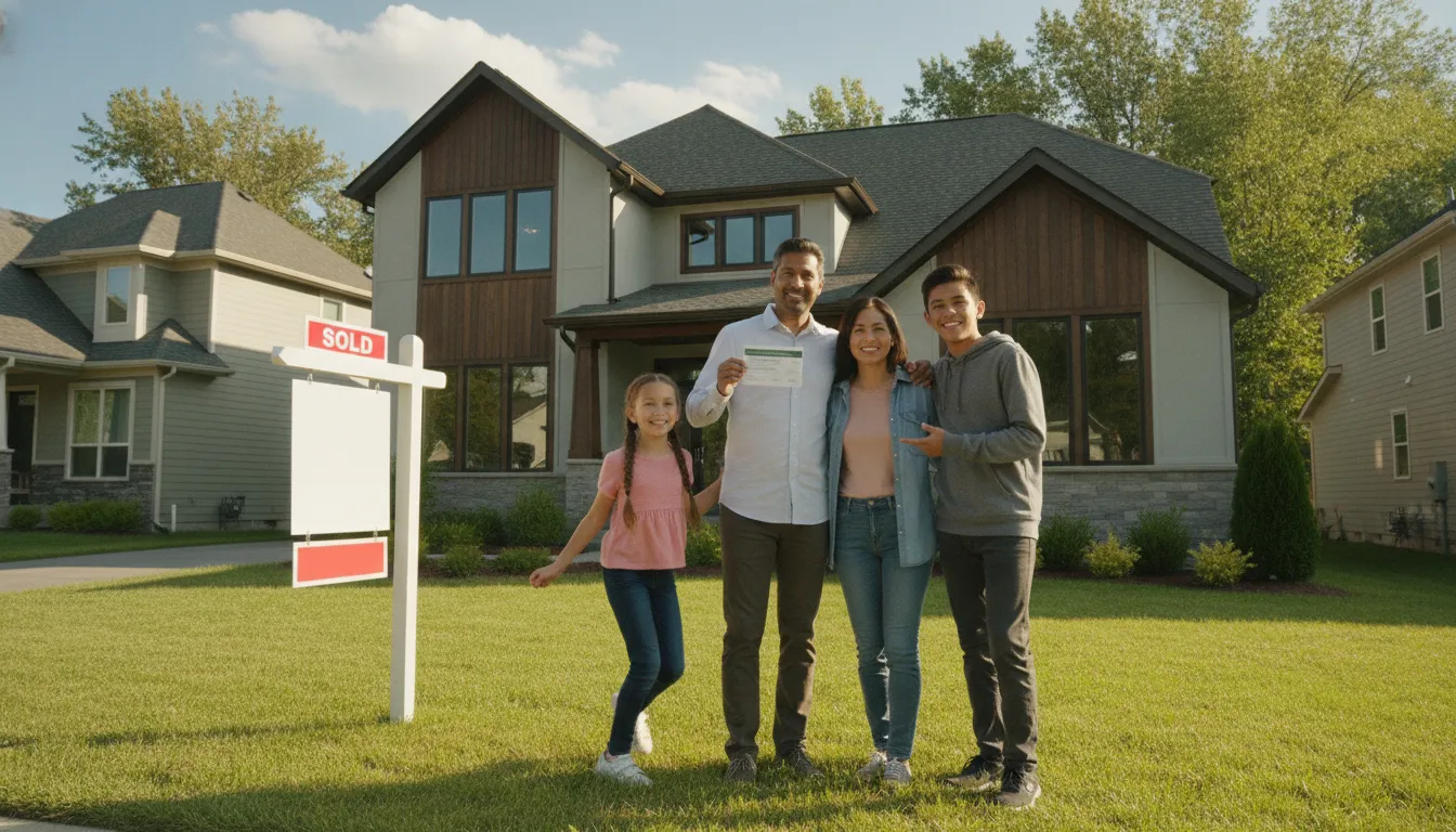 Família feliz com Green Card na mão em frente à nova casa nos EUA, simbolizando sucesso com visto EB5.
