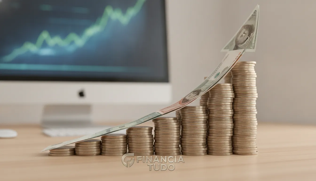 Gráfico de crescimento com moedas e logo Financia Tudo, simbolizando comissão com indicação de crédito.