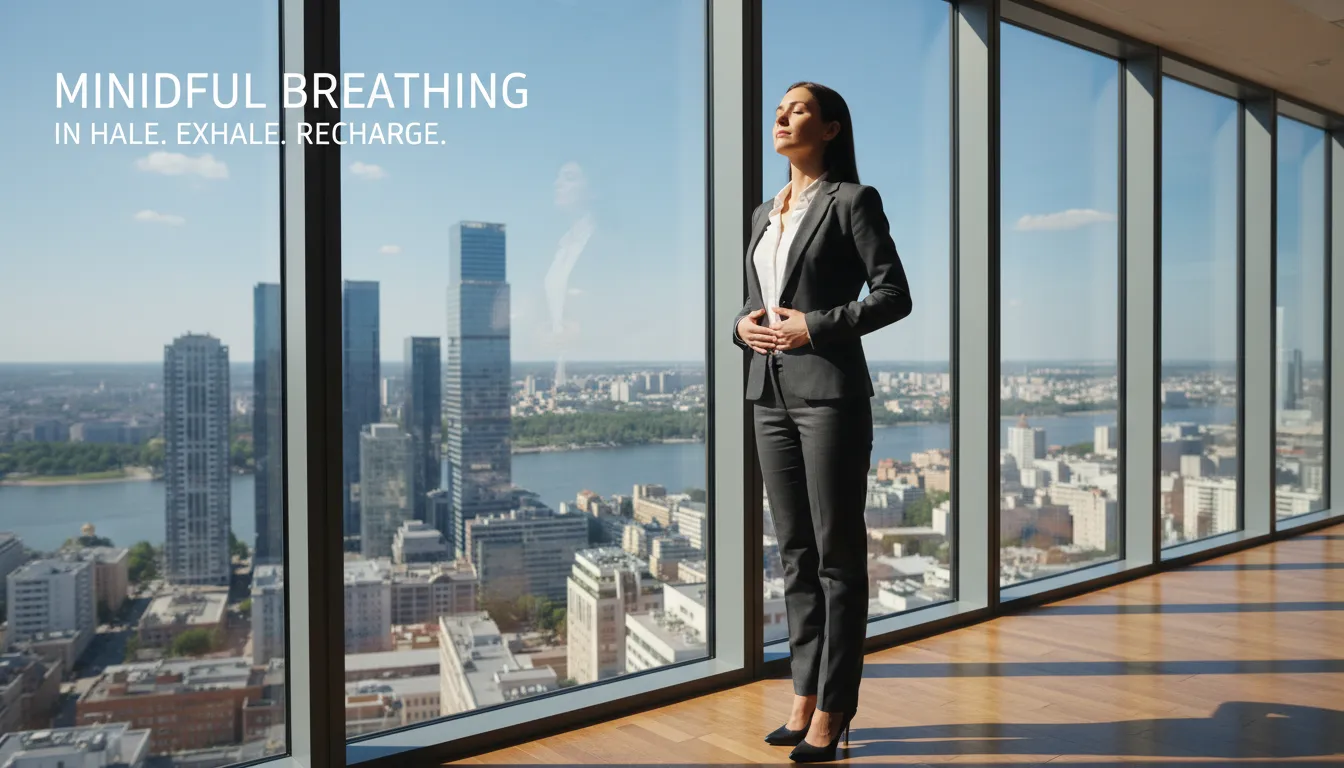 Profissional praticando técnica de respiração em escritório com janela ao fundo.