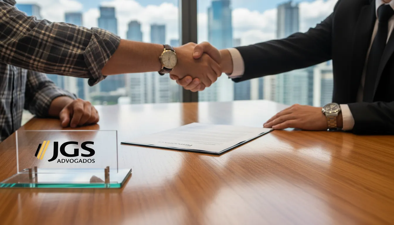 Aperto de mãos entre um advogado e um produtor rural, simbolizando a renegociação da dívida rural cnpj com o apoio da JGS Advogados para soluções financeiras.
