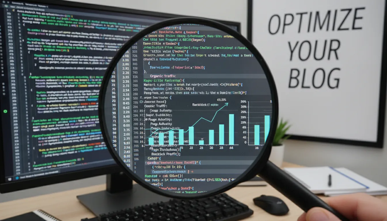 Lupa inspecionando código de site e métricas com o objetivo de blog seo checker free.