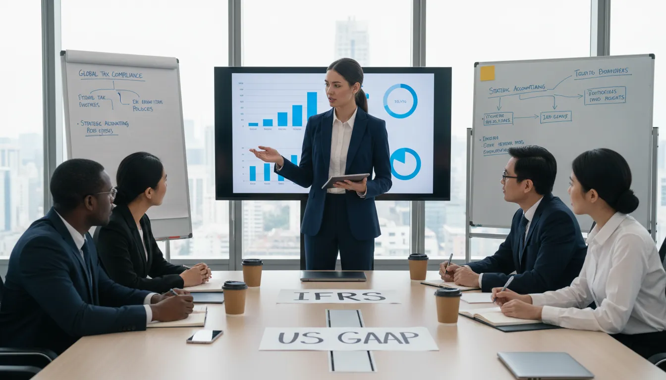 Consultor explica estratégias fiscais e contábeis para empreendedores, notas de IFRS e US GAAP visíveis na apresentação.