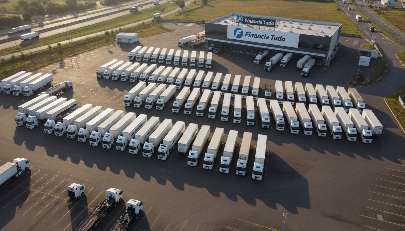 Visão aérea de uma frota de caminhões estacionados, simbolizando uma rede de transporte confiável, com o logo da Financia Tudo ao fundo. Crédito com caminhão em garantia.