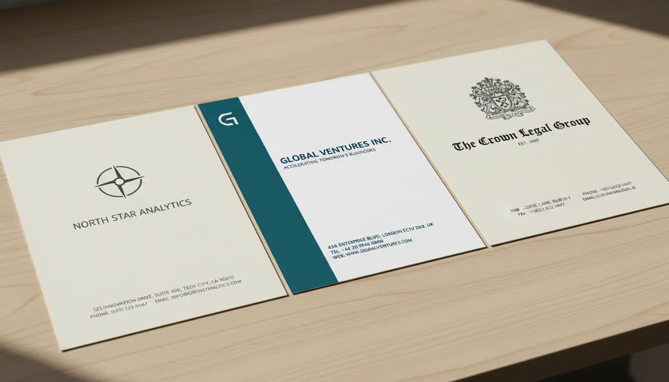 Diversos modelos de papel timbrado empresarial mostrando estilos e detalhes de personalização.