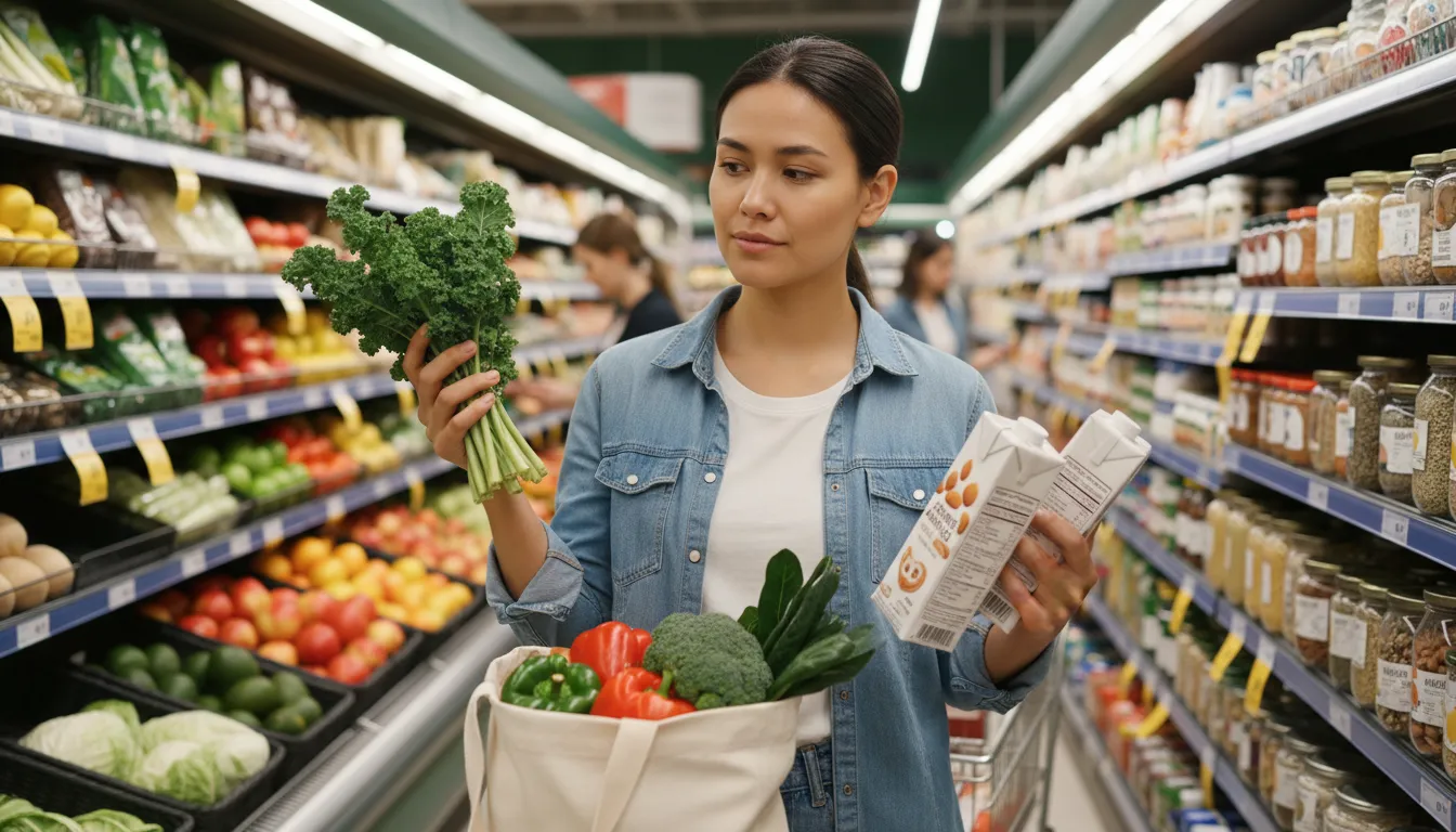 Pessoa escolhendo produtos frescos e lendo rótulos no supermercado, focando na Alimentação Saudável.
