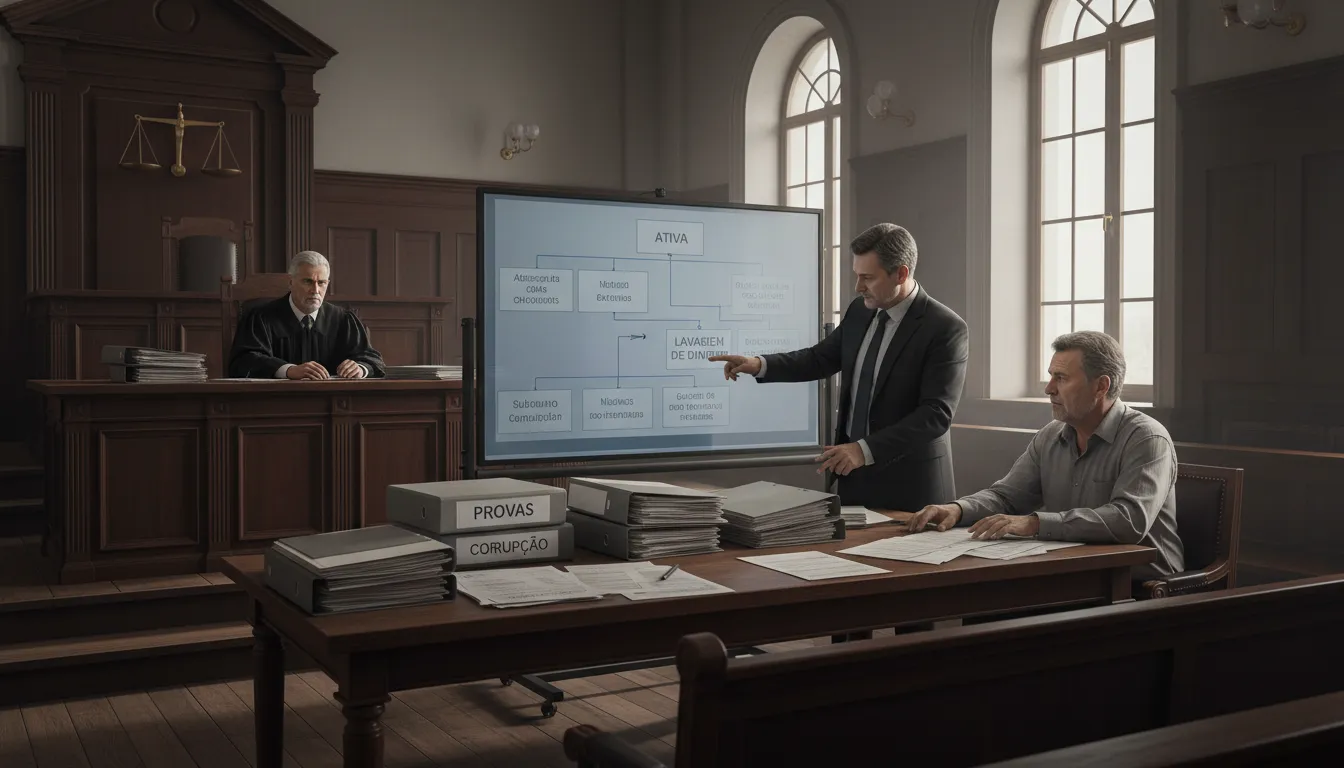 Cena fotorrealista de tribunal com julgamento de corrupção ativa e passiva com juiz, agente público e cidadão.