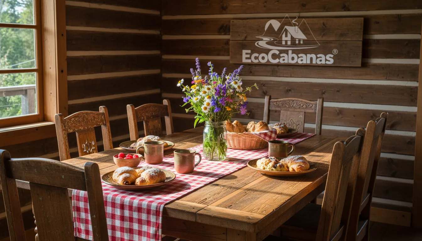 Mesa de jantar em estilo farmhouse com decoração rústica para café da manhã em cabana.