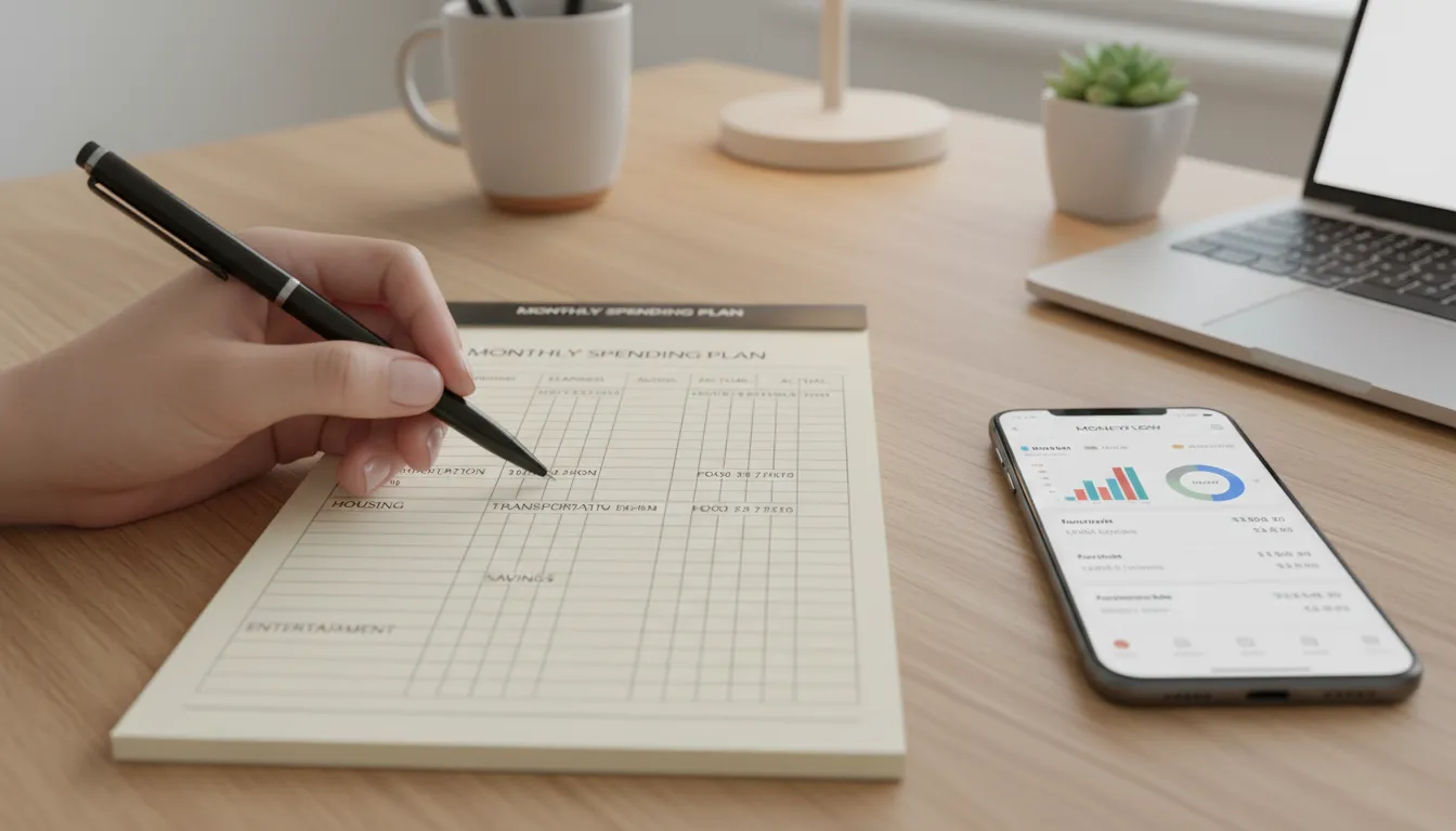 Mão preenchendo plano de despesas em bloco de notas com aplicativo financeiro aberto ao lado, mesa organizada.