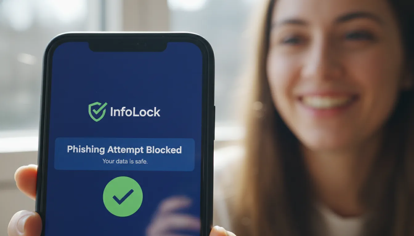 Tela de smartphone exibindo notificação InfoLock 'Ataque de Phishing Bloqueado', transmitindo segurança.