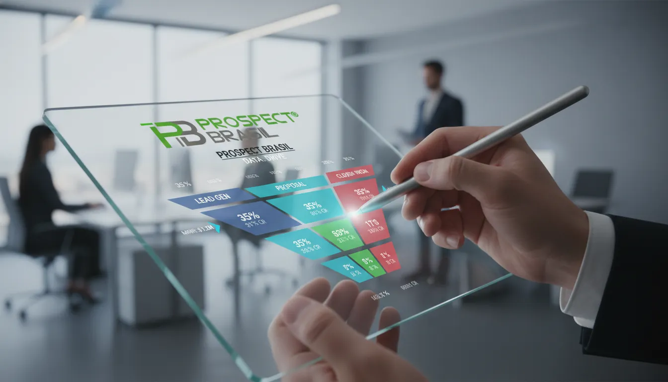Mão interage com tablet transparente exibindo funil de vendas b2b, destacando dados e eficiência.