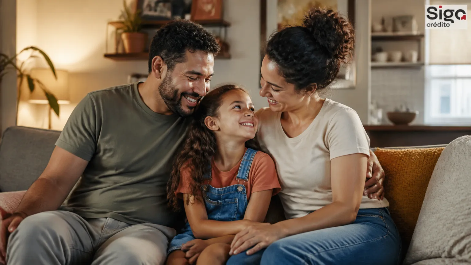 Família reunida tranquila sabendo como organizar as finanças pessoais com orçamento em dia.