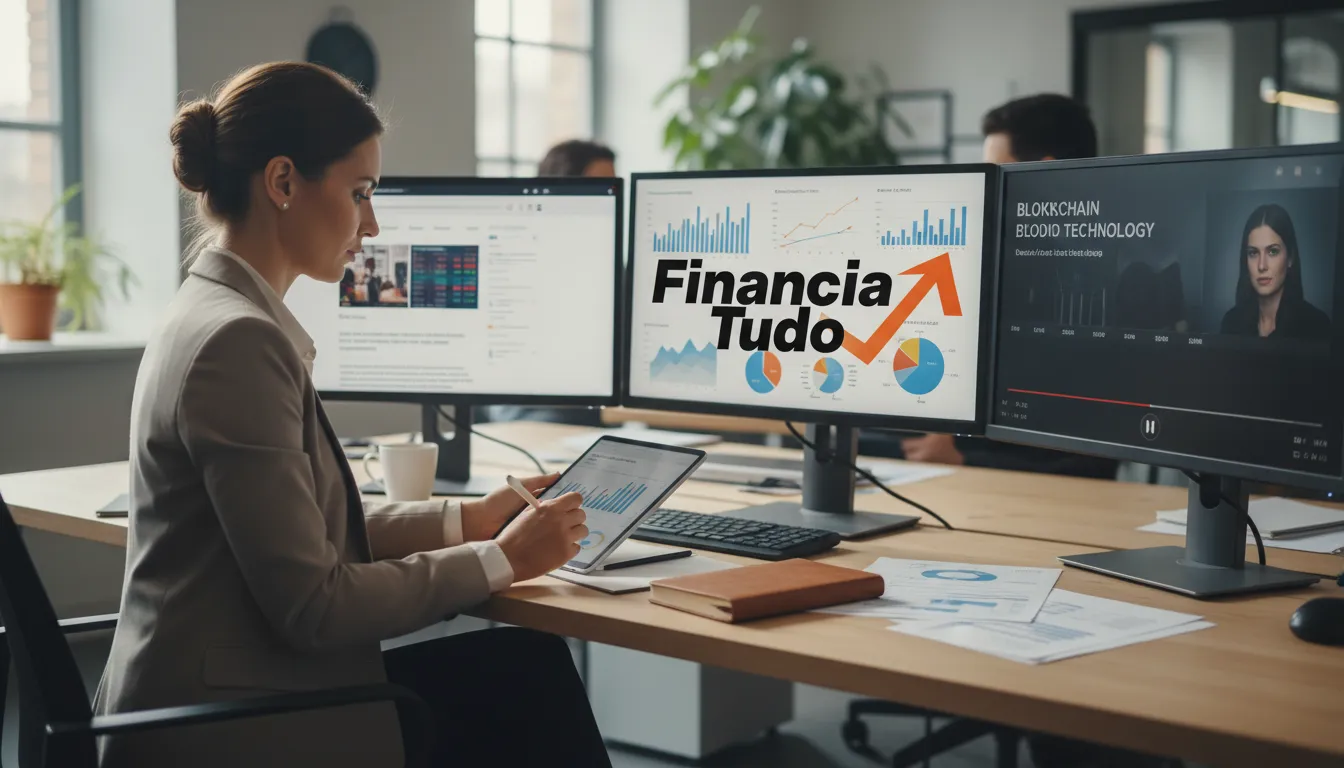 Mulher analisando dados financeiros para otimizar seu programa de afiliados financeiro, em ambiente de escritório moderno.