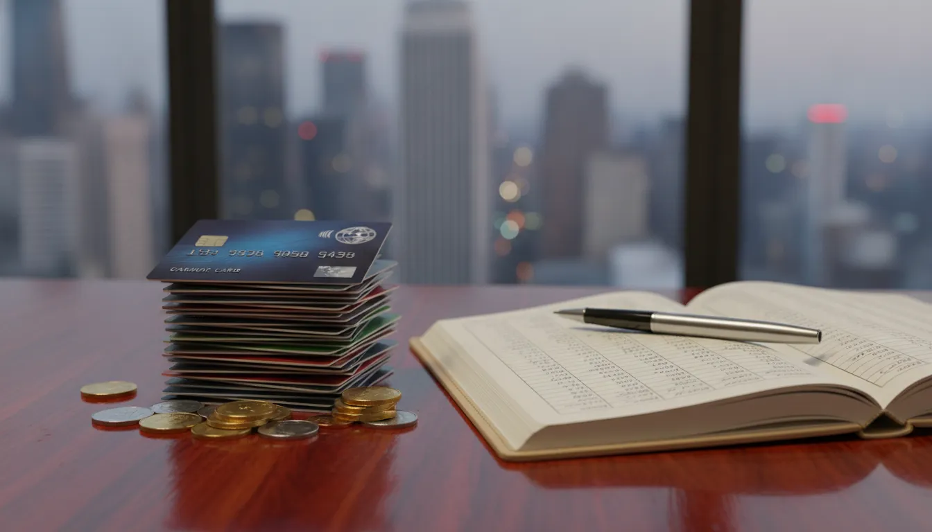 Cartões de crédito e caderno financeiro, representando como construir histórico financeiro positivo.