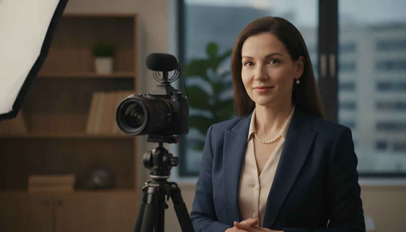 Mulher profissional grava vídeo para comunicação interna, transmitindo clareza e autoridade. You Found.