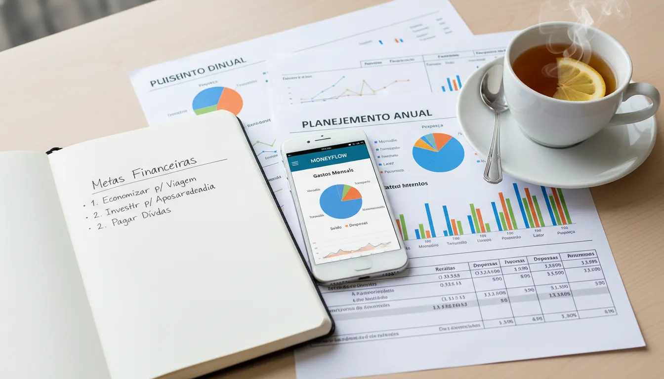 Itens de organização financeira em mesa, com app de orçamento e anotações sobre consumo responsável.