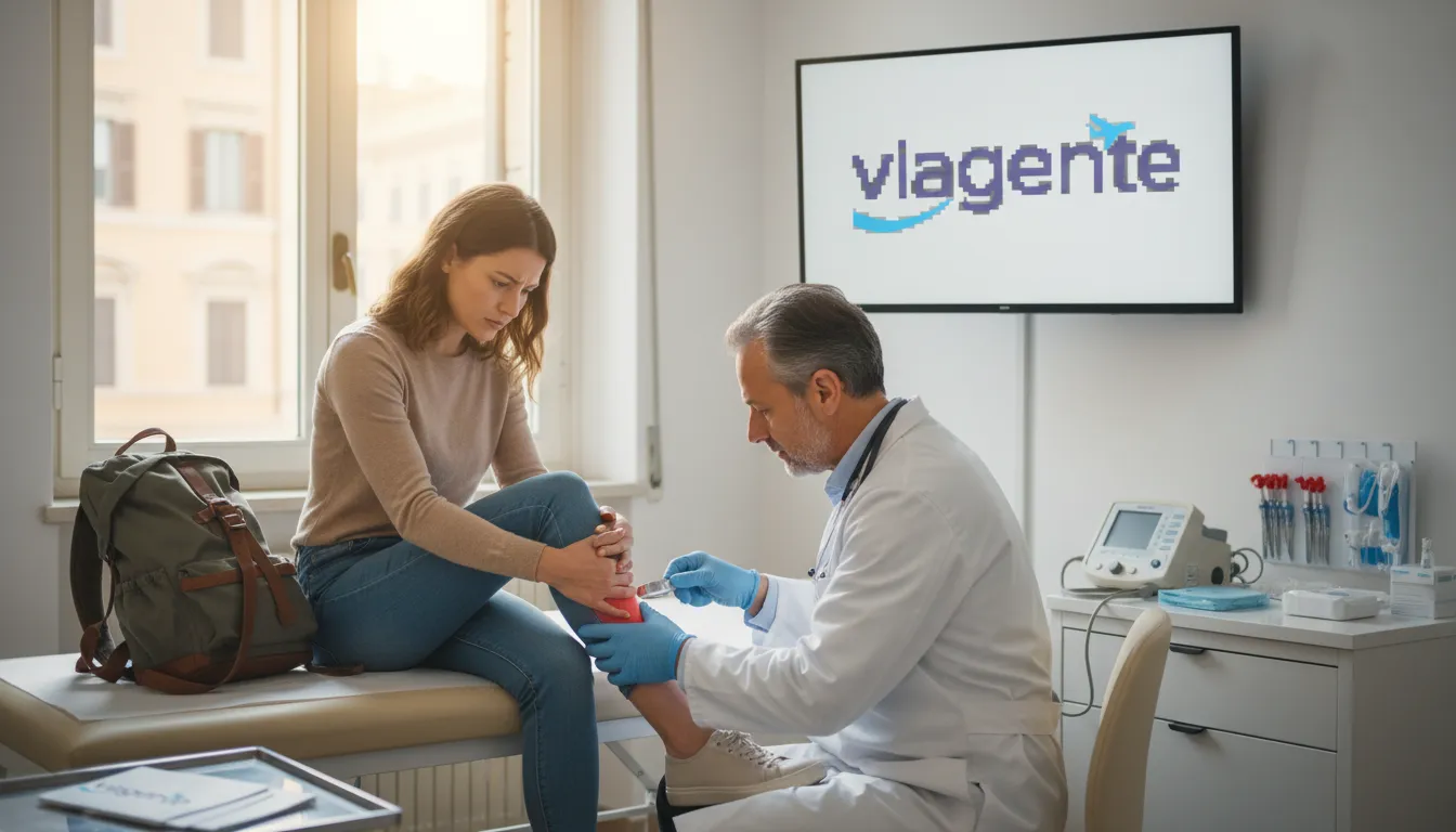 Viajante preocupado em consultório médico em Roma, reforçando a necessidade de um bom seguro viagem Europa com cobertura médica confiável.