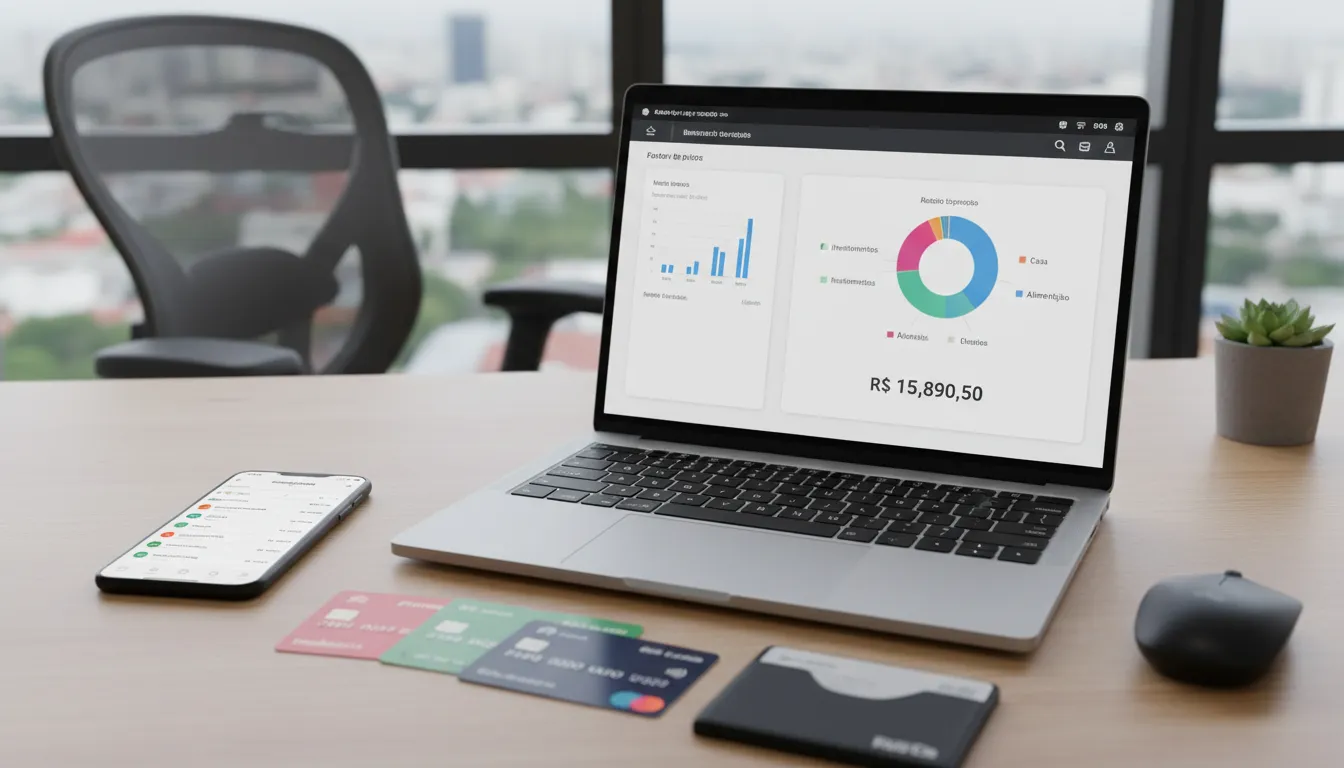 Ambiente de trabalho com dispositivos mostrando apps de banco digital e cartões ilustrando gestão financeira online.