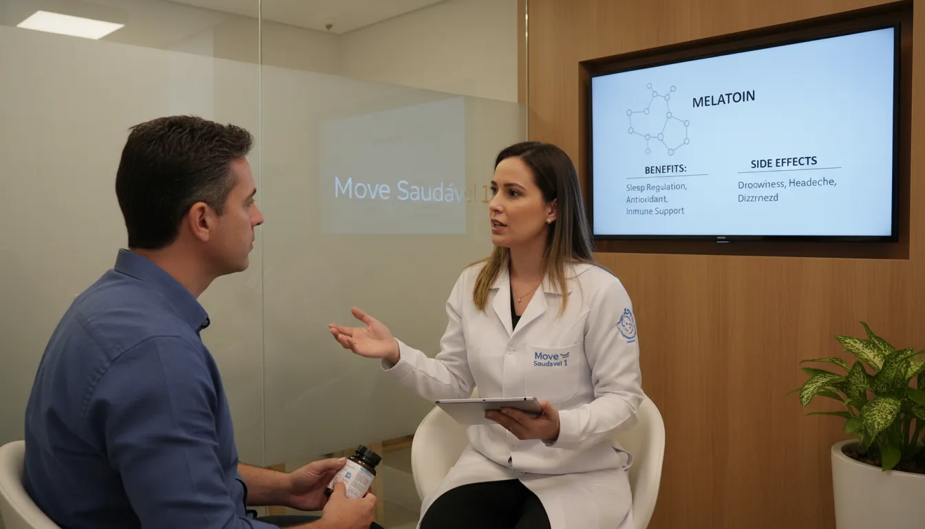 Médico explicando sobre os benefícios e efeitos colaterais da melatonina para um paciente. Entenda se a Melatonina Funciona? e os cuidados ao usar.