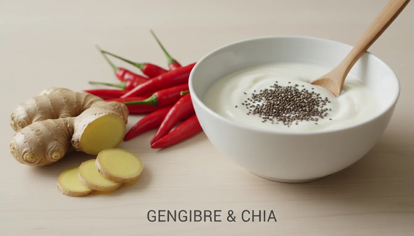 Gengibre, pimentas vermelhas e iogurte com chia juntos simbolizando alimentos aceleradores do metabolismo