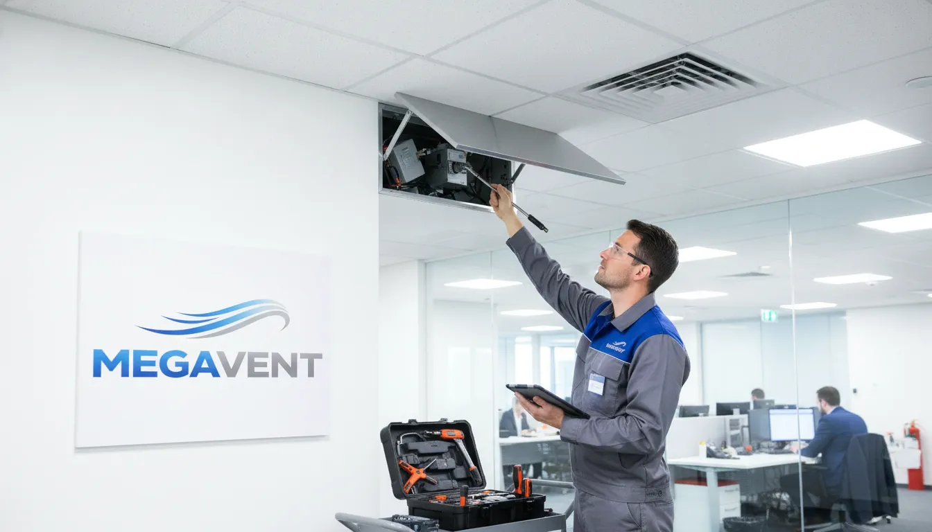 Técnico MegaVent realizando manutenção em sistema de ventilação, essencial para conforto térmico no trabalho.