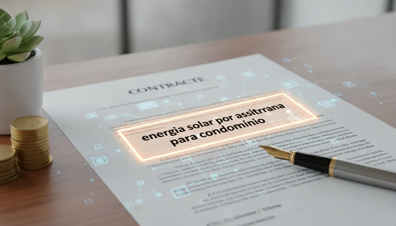 Documento de contrato para energia solar por assinatura para condomínio, simbolizando segurança e transparência.