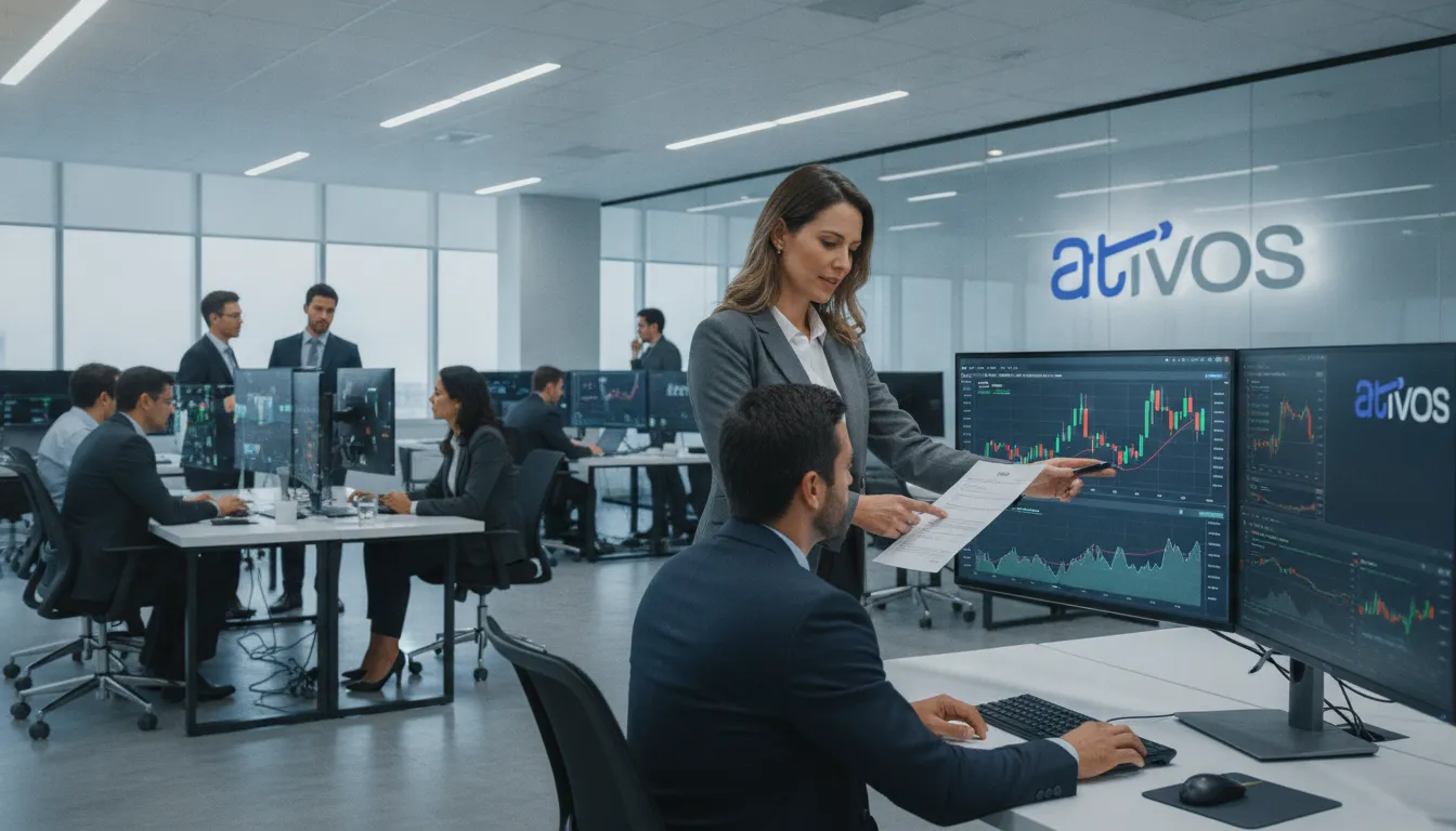 Corretora explica gráficos financeiros a cliente em ambiente moderno, representando quem compra precatórios e mercado.