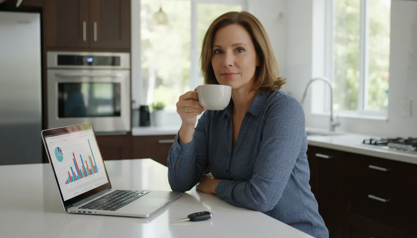Mulher serena em casa, laptop aberto com planejamento financeiro e chaves de carro. Refinanciamento reorganização financeira.