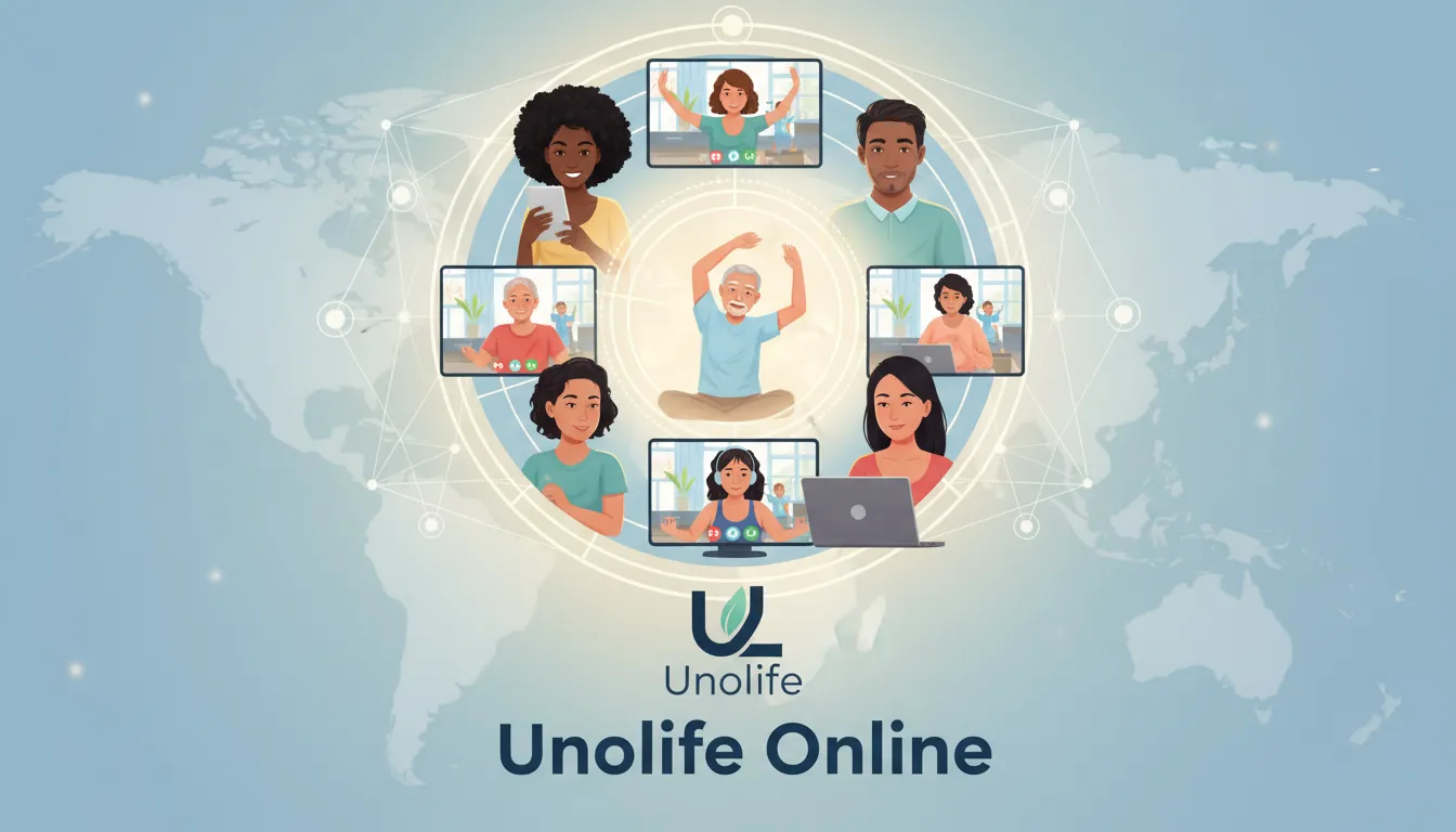 Ilustração de um grupo diverso de pessoas se beneficiando de serviços de terapia online, com um símbolo sutil de mesa radiônica integrado. Unolife.