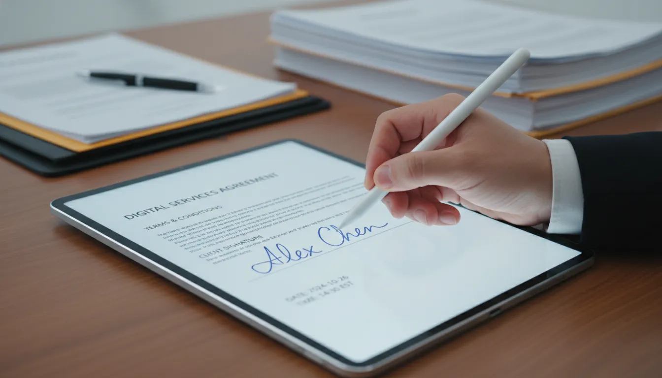 Assinatura eletrônica de contrato em tablet, simbolizando eficiência operacional e tecnologia.
