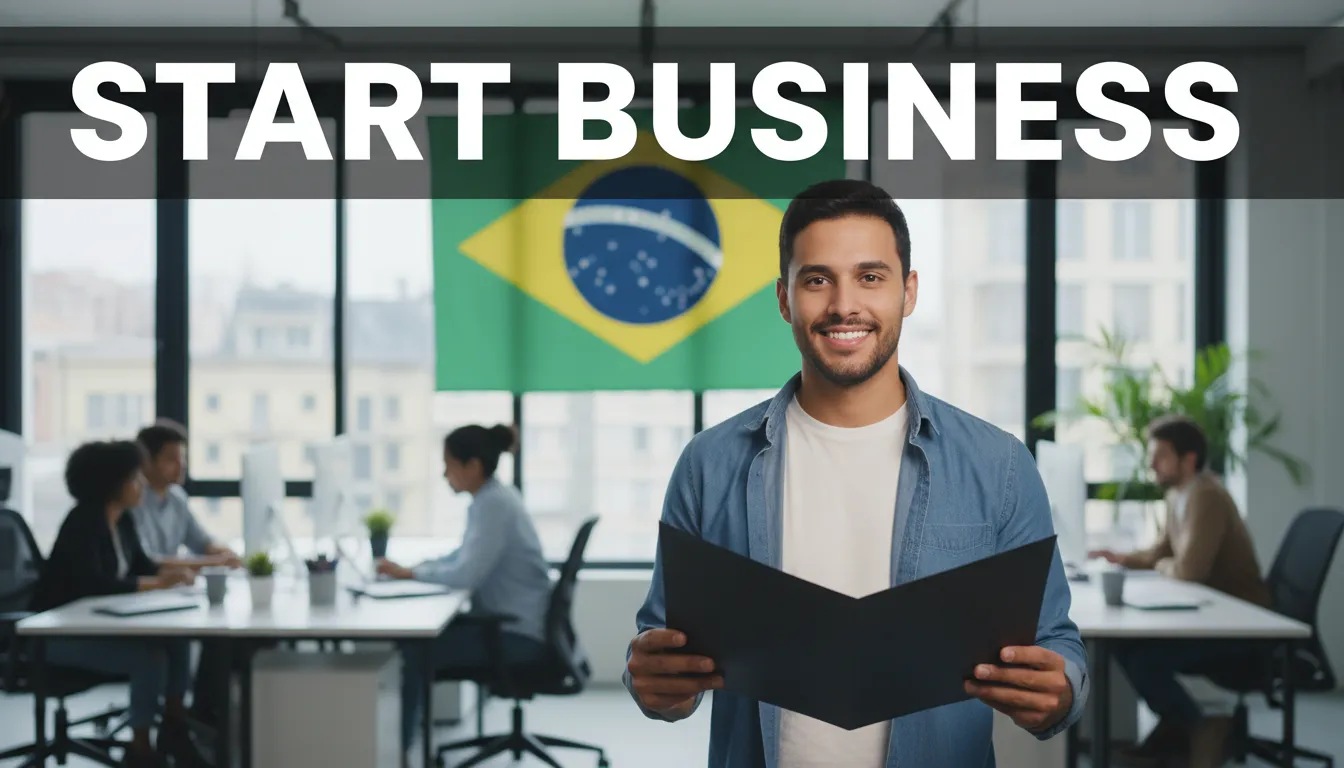 A confident foreigner holding a business plan with Brazilian flag behind. Starting a business in brazil as a foreigner is easier than ever.