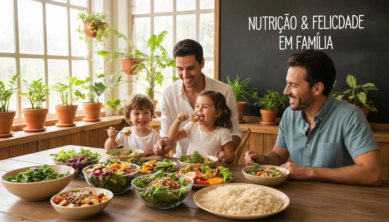 Família reunida em refeição alegre, com saladas diversas e arroz integral no prato.